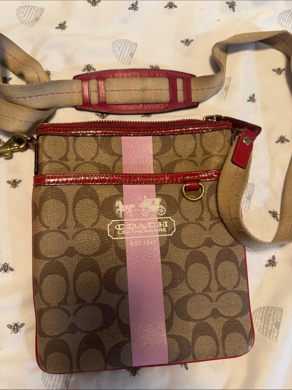 Coach Brown Signature Crossbody with Pink Center Stripe and Red Trim